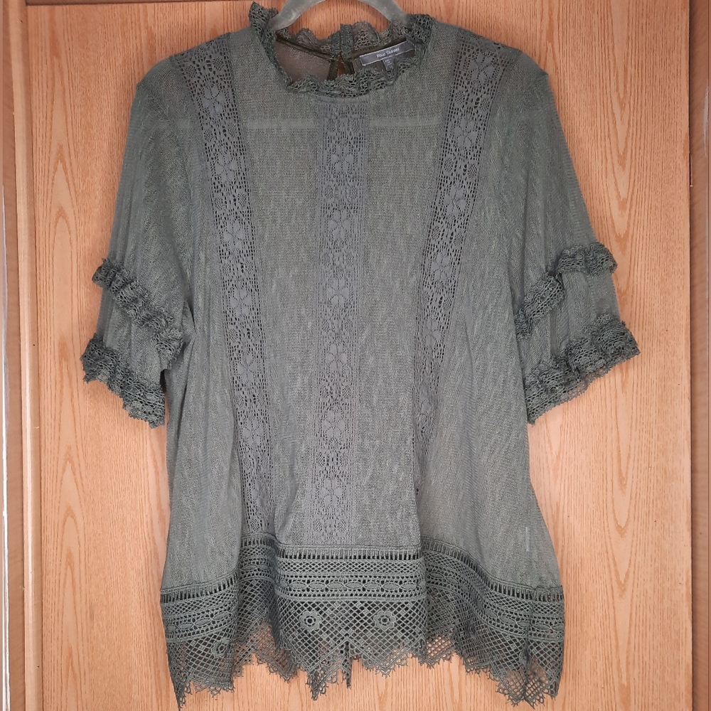 Blue Tassel Green Sheer Short Sleeve Top Size 1X